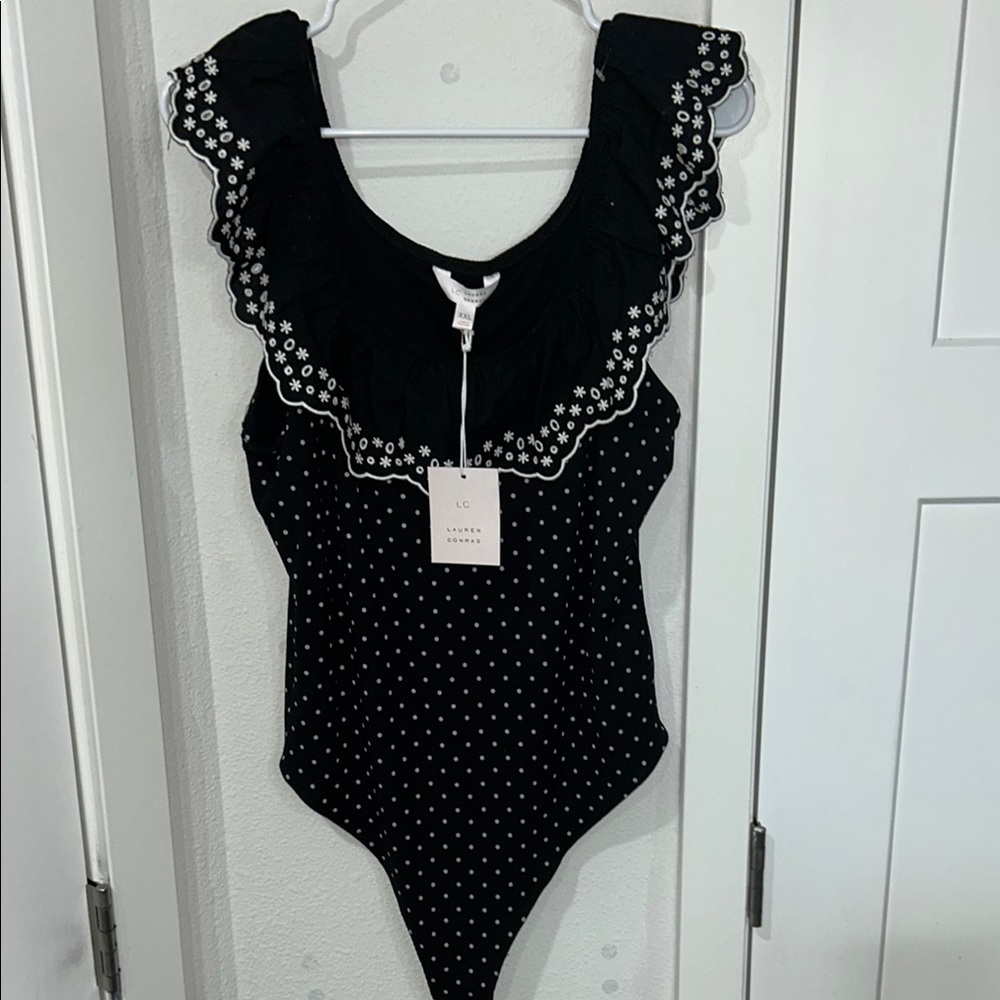 LC Lauren Conrad Black and White Polka Dot Bodysuit flutter ruffle.